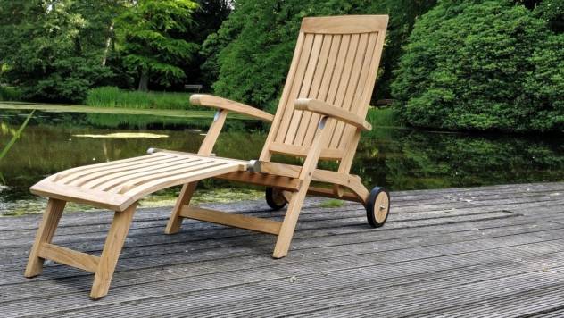 Premium Teak Deckchair "Alster", mit Rädern, Edelstahlscharniere, abnehmbares Fußteil